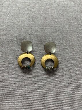 Vintage Marjorie Baer stamped mixed metal and bead artisan earrings.